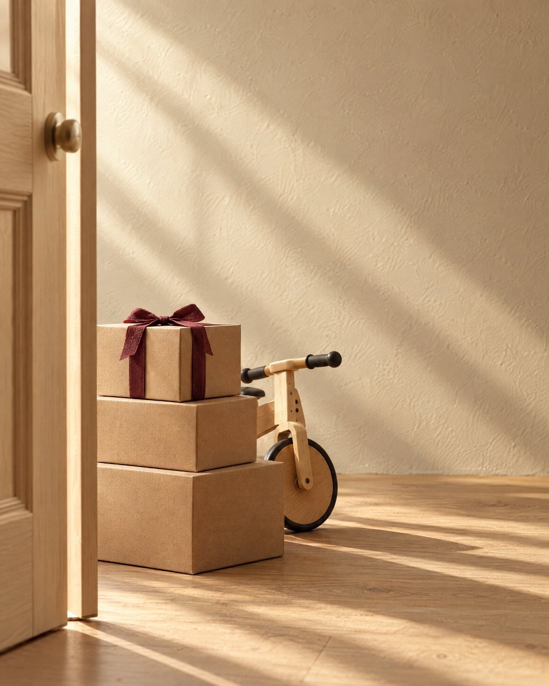 Des cartons soigneusement empilés devant une porte ouverte, dans la lumière du matin.