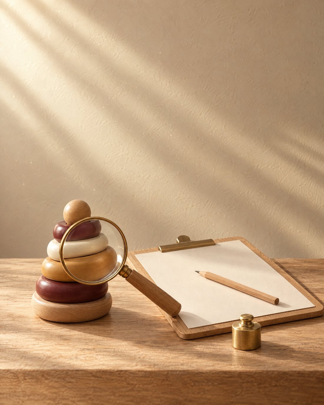 Un jouet en bois examiné à la loupe, à côté d'une feuille de contrôle.