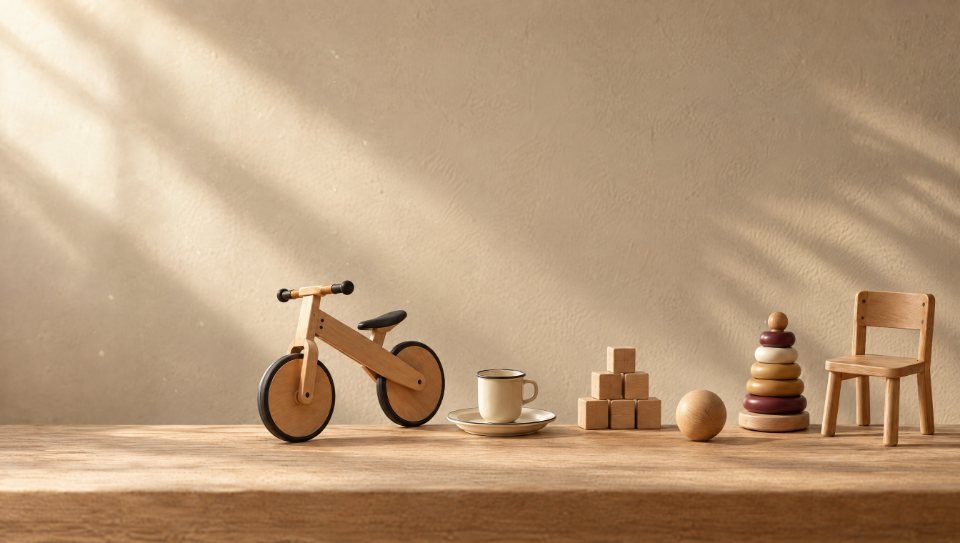 Des jouets en bois et du petit mobilier pour enfants, rangés sur une table en chêne dans la lumière du matin.